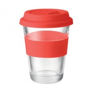 Vaso de cristal de 350 ml con tapa Rojo