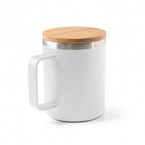 Taza de acero inoxidable 90% reciclado con tapa de bambú Blanco