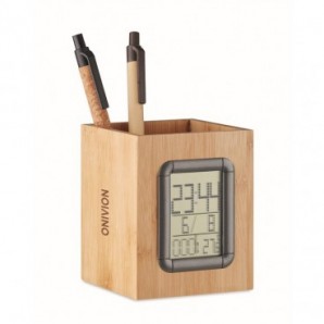 Porta bolígrafos de bambú con pantalla