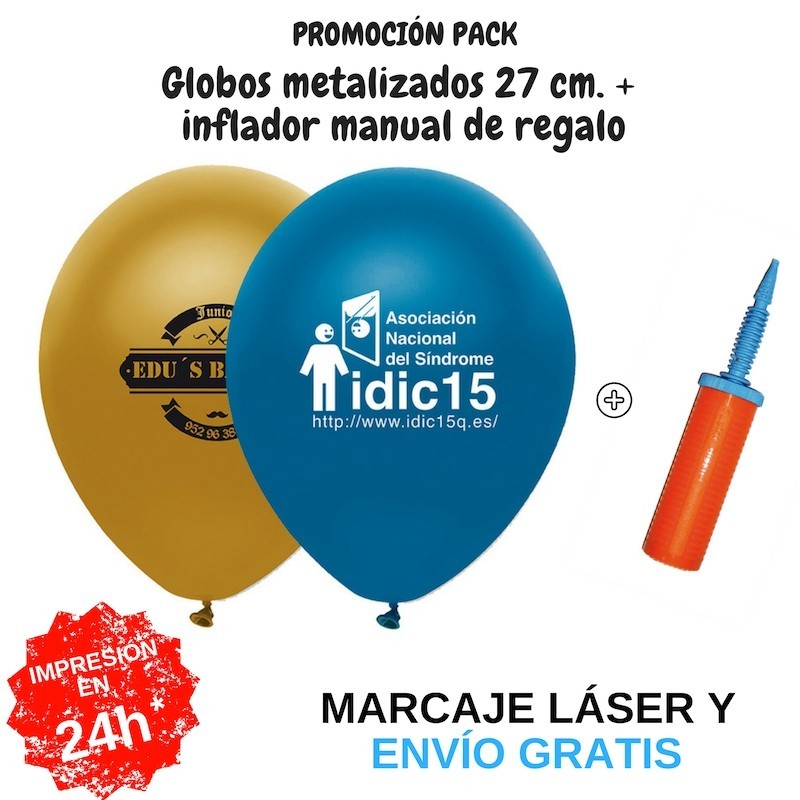 Pack globos metalizados 27 cm + inflador manual