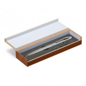 Bolígrafo y puntero láser en caja de madera Plateado