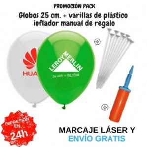 Pack globos de 25 cm + varillas + inflador manual