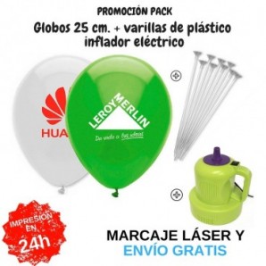 Pack globos 25 cm + varillas + inflador eléctrico