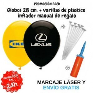 Pack globos de 28 cm + varillas + inflador manual