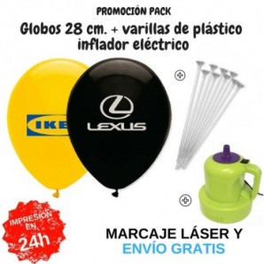 Pack globos 28 cm + varillas + inflador eléctrico