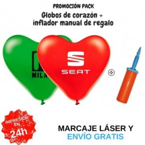 Pack globos forma corazón + inflador manual