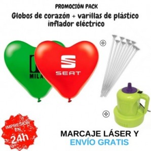 Pack globos corazón + varillas +inflador eléctrico