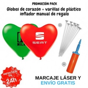 Pack globos corazón + varillas + inflador manual