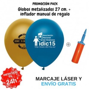 Pack globos metalizados 27 cm + inflador manual