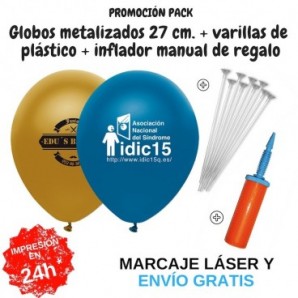 Pack globos metalizado 27cm +varillas +inflador m.