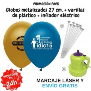 Pack globos metalizados 27 +varillas +inflador el.