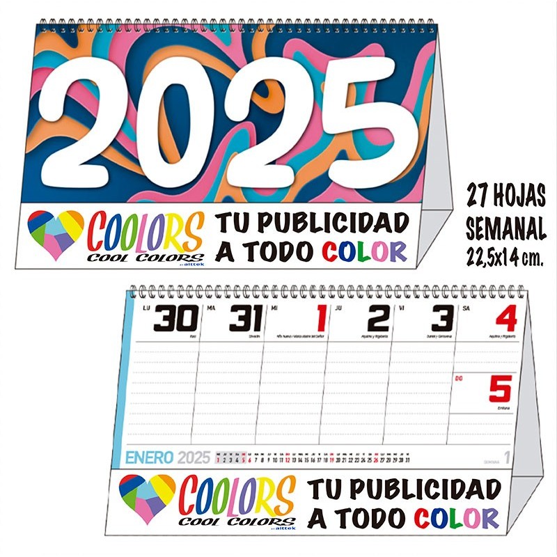 Calendario sobremesa 2025 espiral semanal 27 hojas