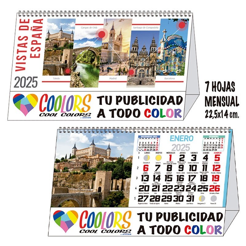 Calendario 2025 espiral mensual 7h Vistas España 2