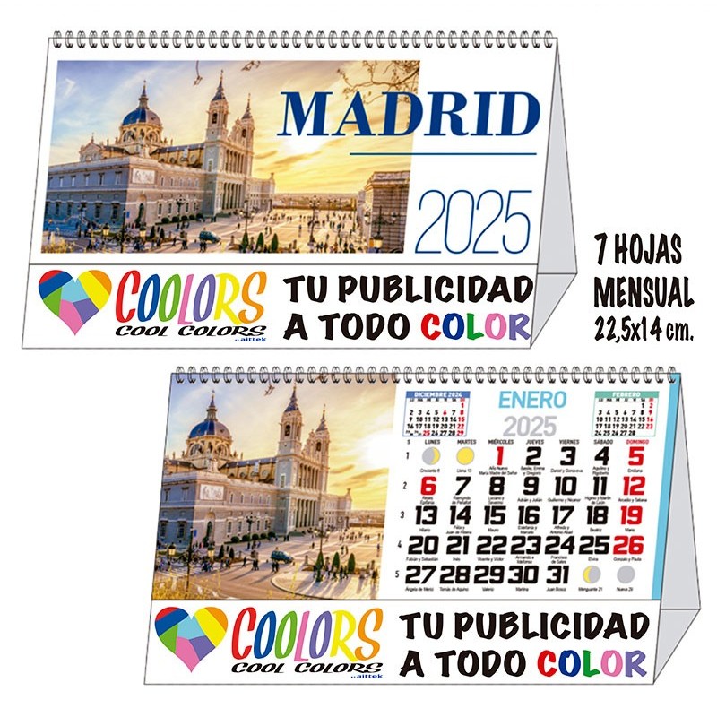 Calendario 2025 espiral mensual 7h Madrid